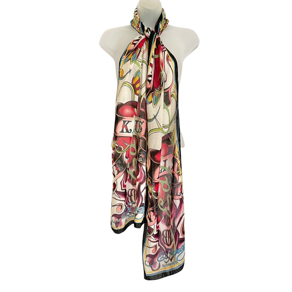 Ed Hardy x Christian Audigier Love Kills Slowly Long Scarf Y2K Skulls Hearts - Picture 3 of 8